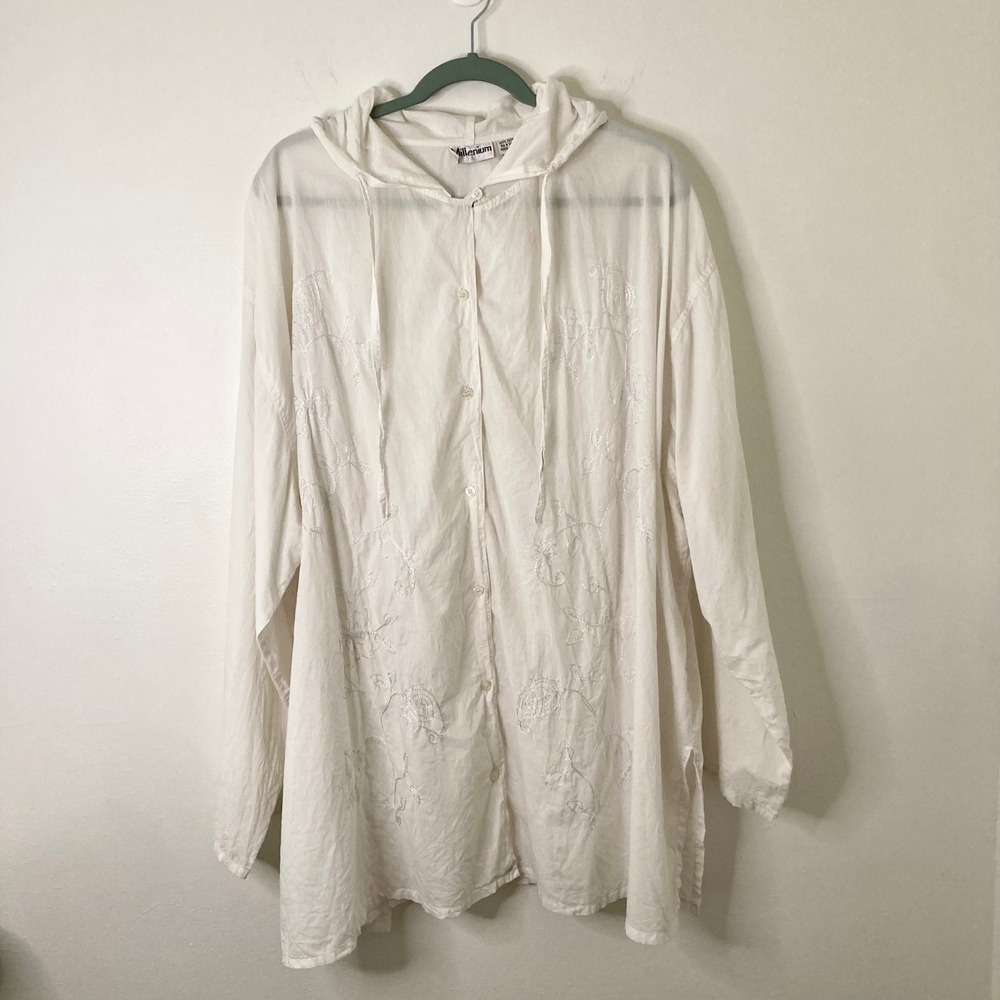 Vintage White Cotton Floral Embroidered Hooded Tunic Millenium 3X Boho Button Up